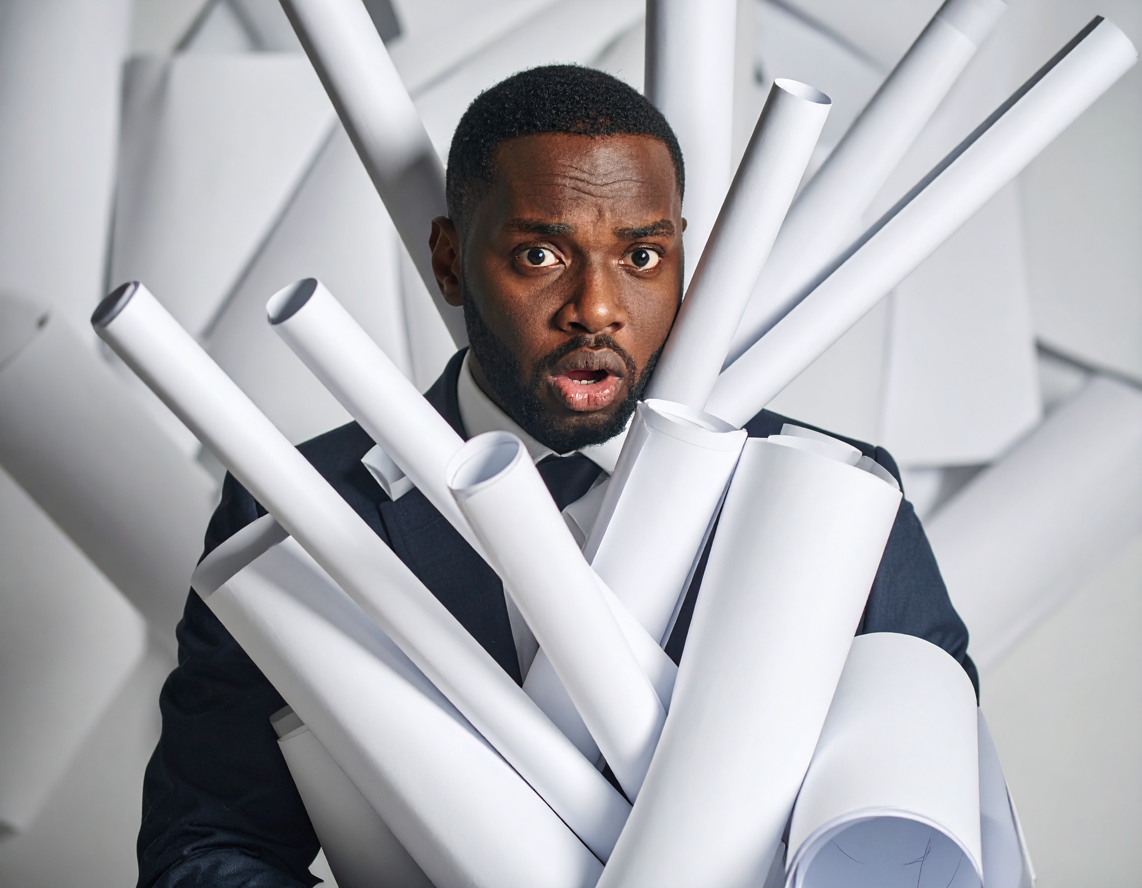 Man holding many rolled-up papers, surprised expression.