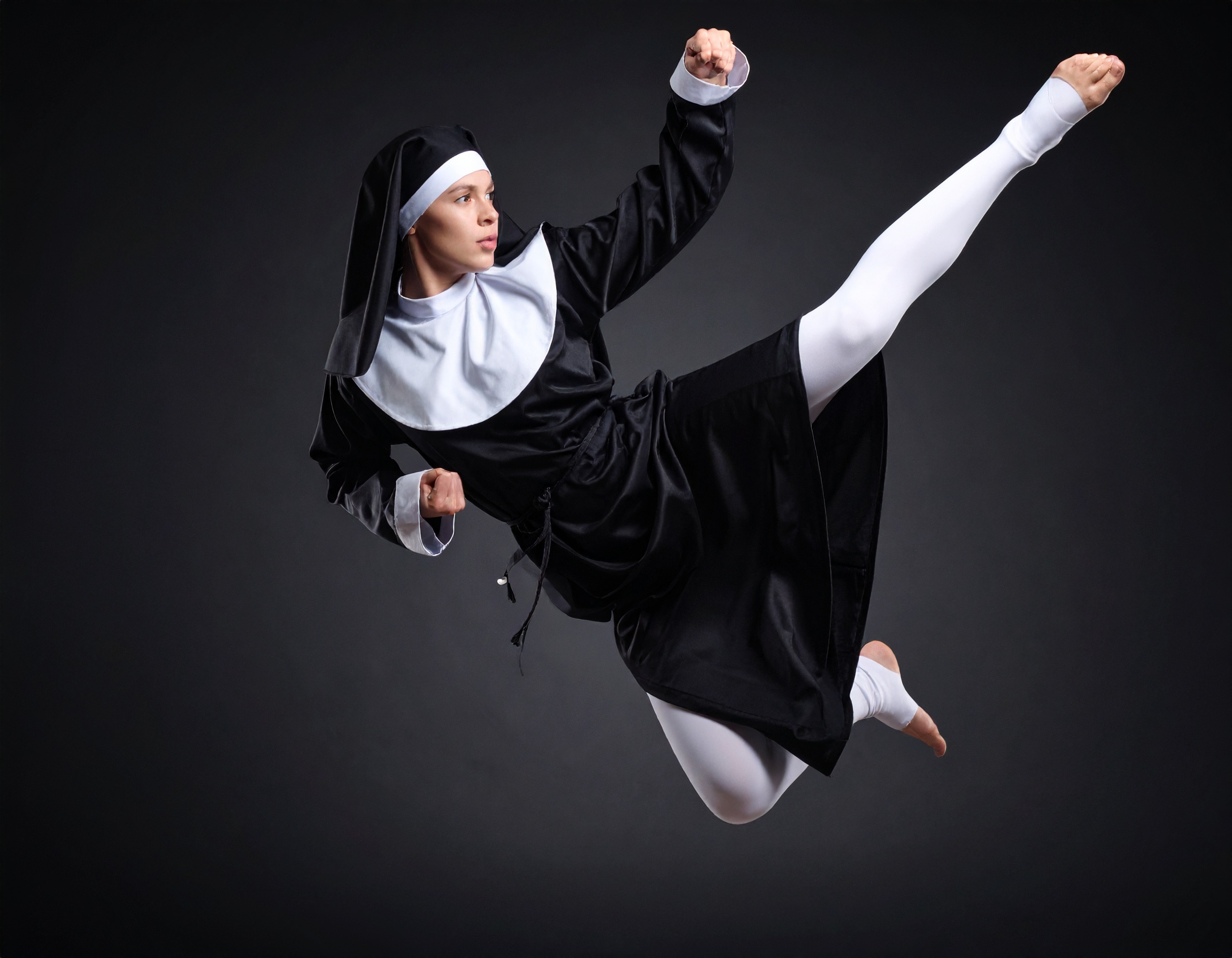 Nun in mid-air martial arts kick.