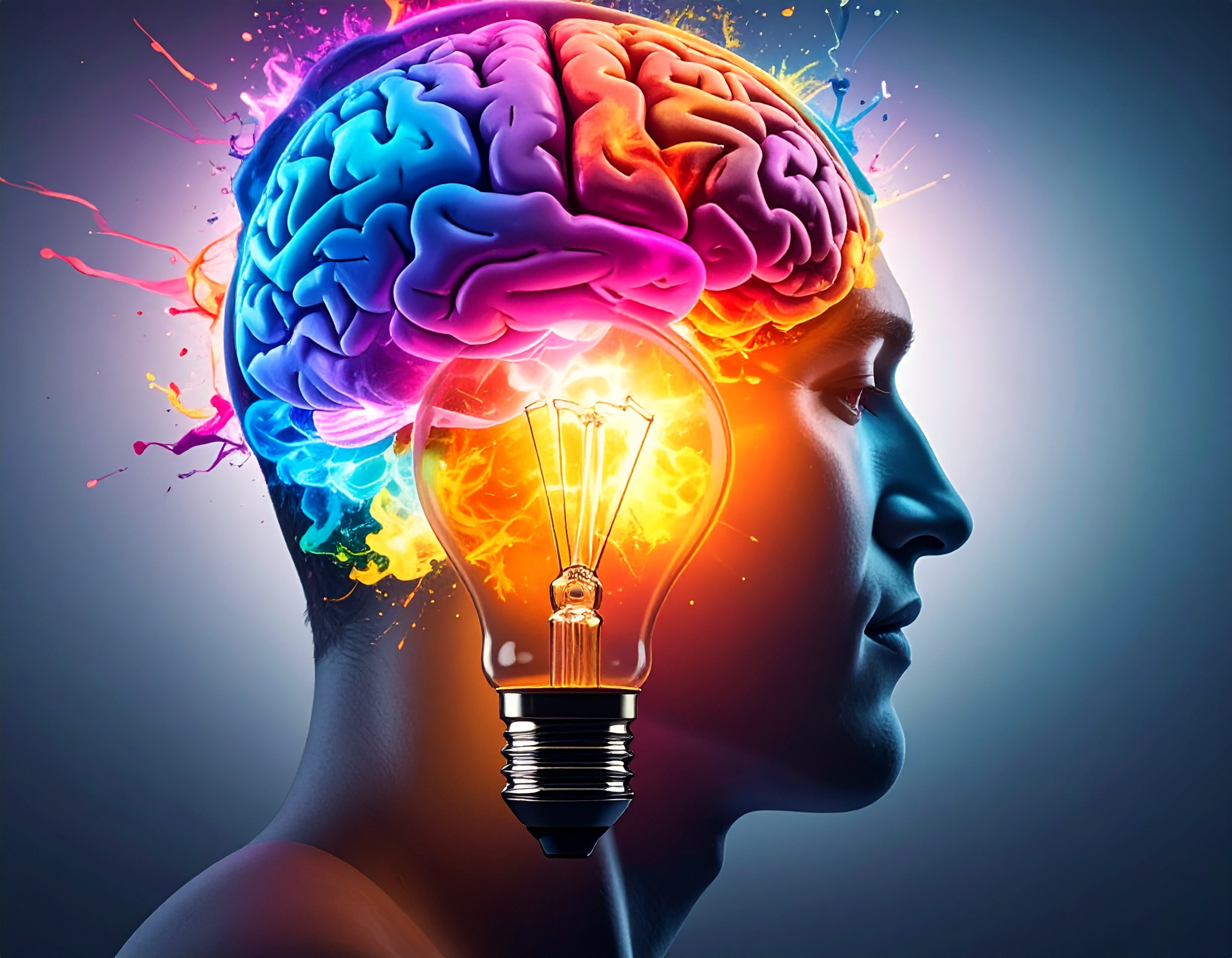 Colorful brain with lightbulb inside head.