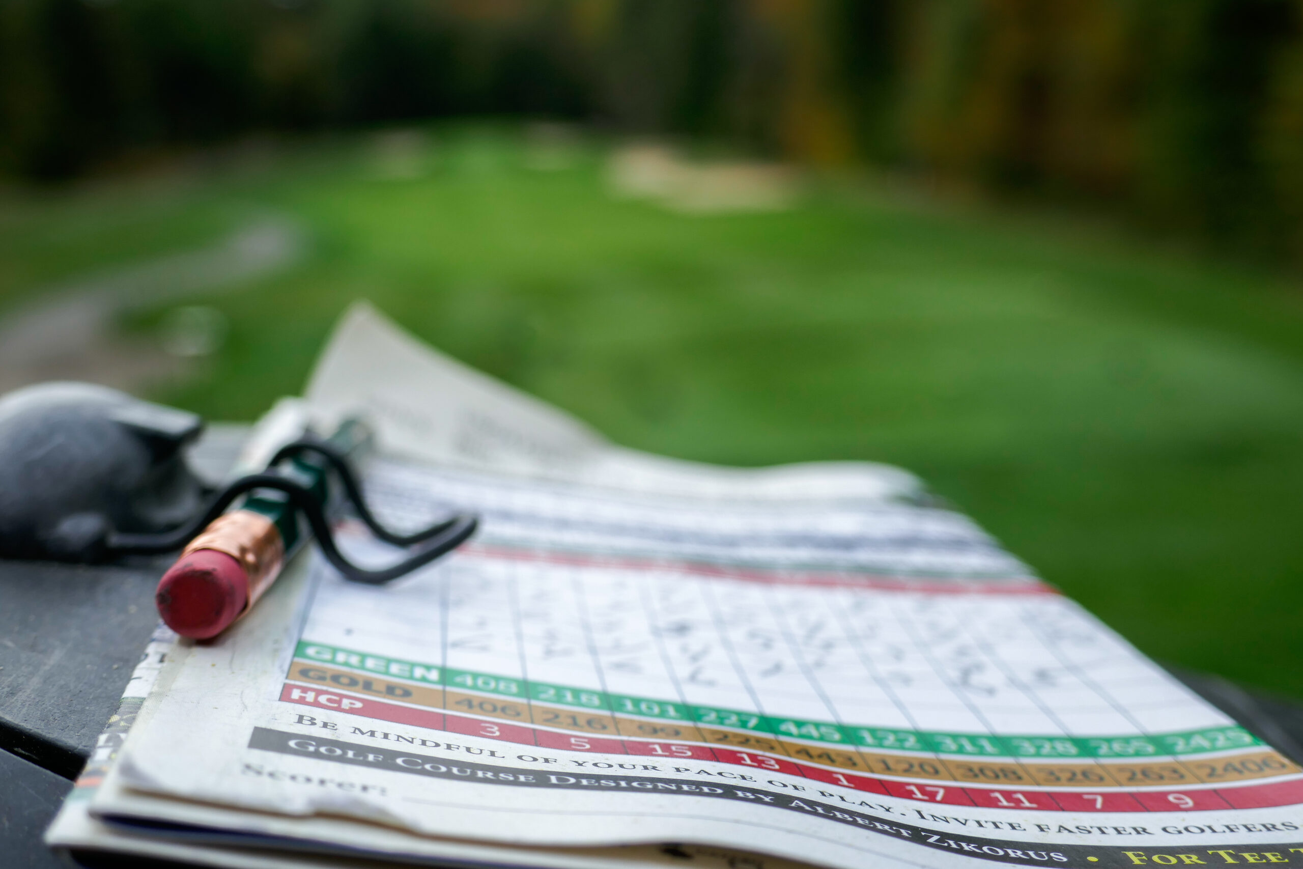 Golf scorecard and pencil on course.