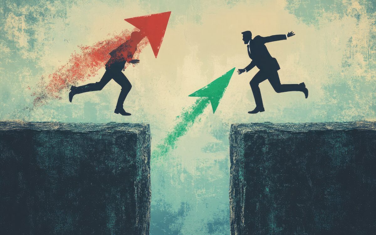 Two figures jumping across a gap.