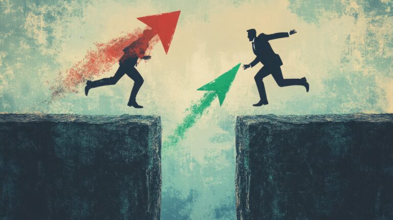 Two figures jumping across a gap.