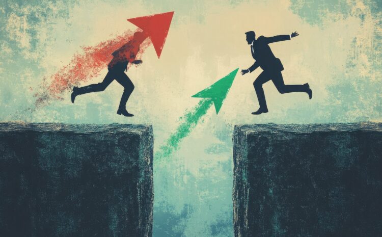 Two figures jumping across a gap.