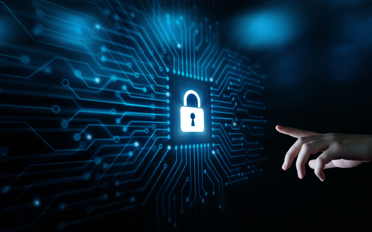 Finger pointing at digital lock on screen.