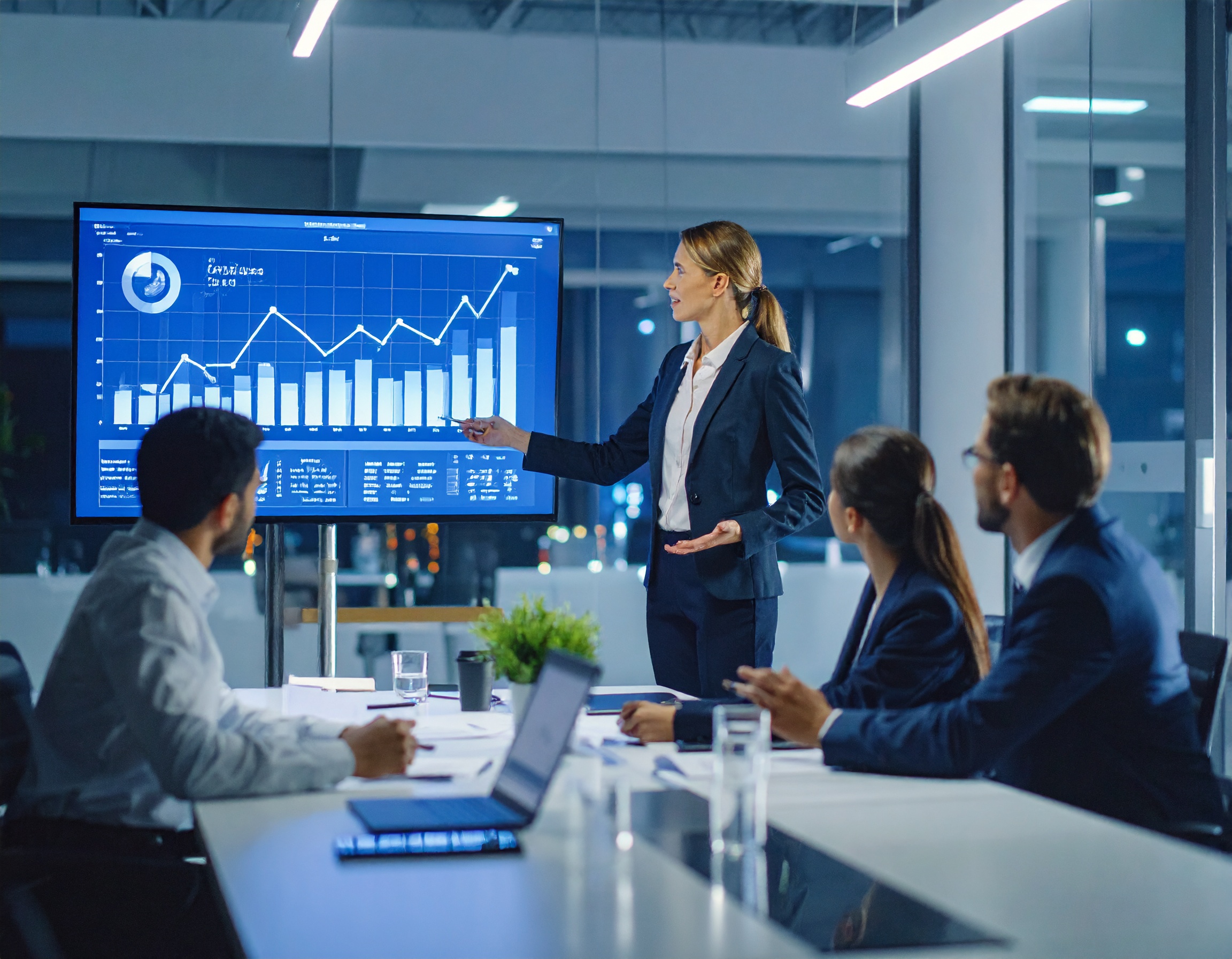 Business meeting with presentation on screen.