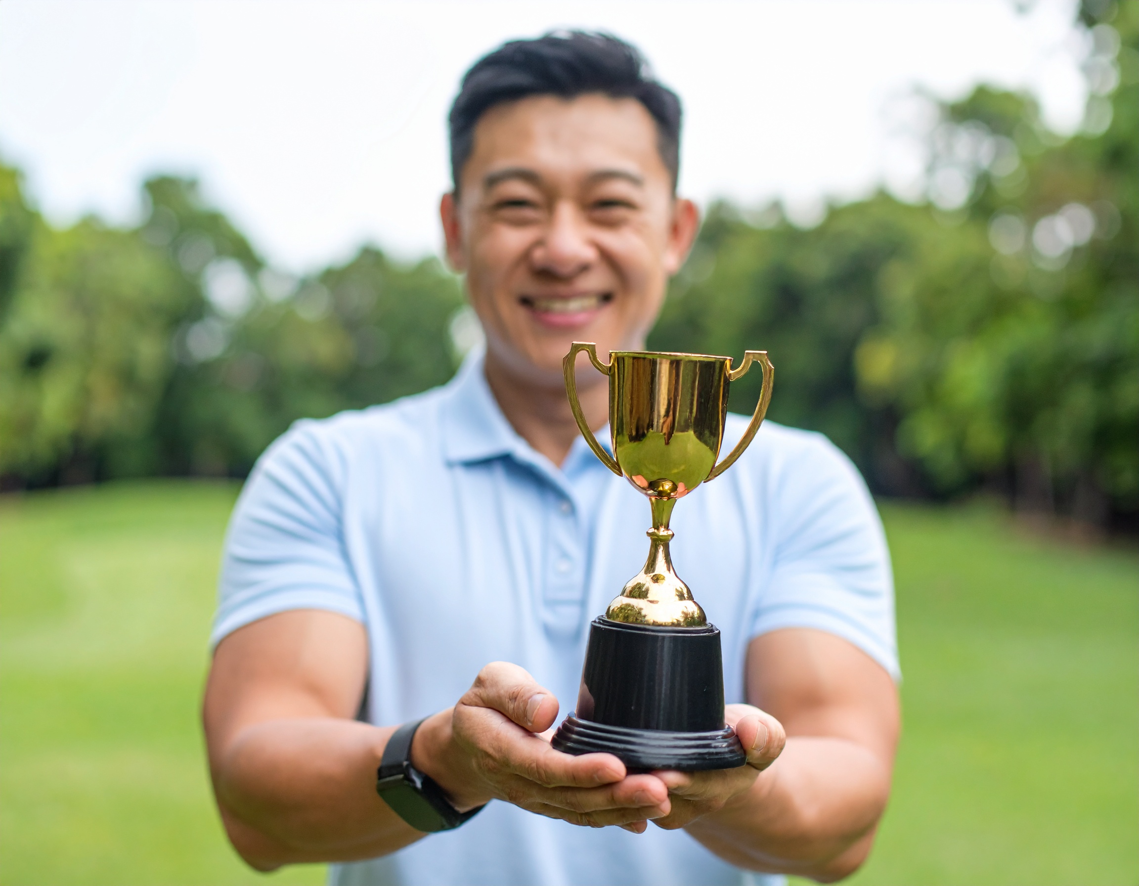 Smiling person holding a golden trophy outdoors.
