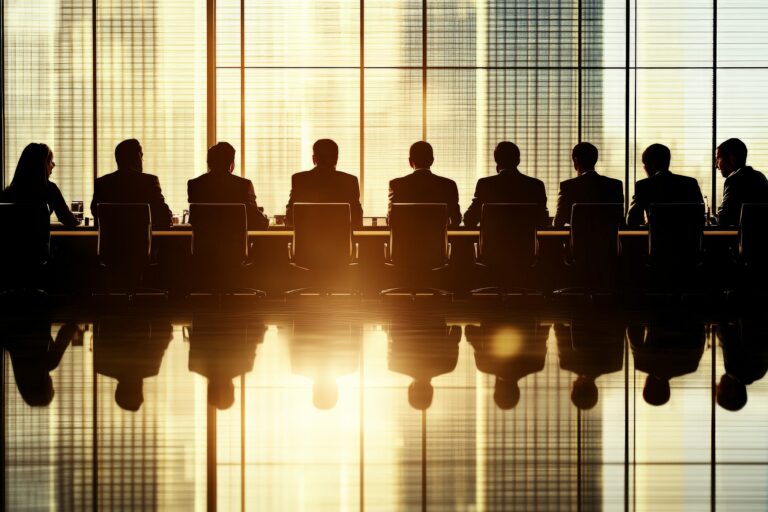 Silhouetted people in a boardroom meeting.