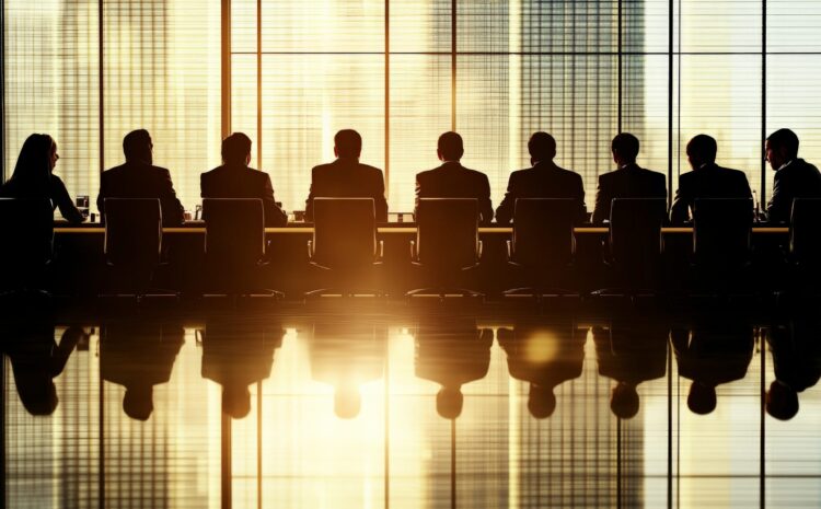 Silhouetted people in a boardroom meeting.
