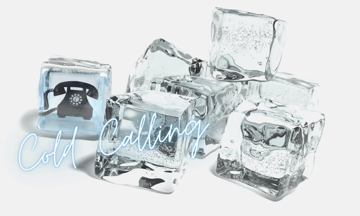 Ice cubes with vintage phone, 'Cold Calling' text.