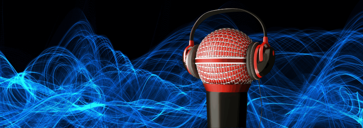 Red microphone with headphones, blue wave background.