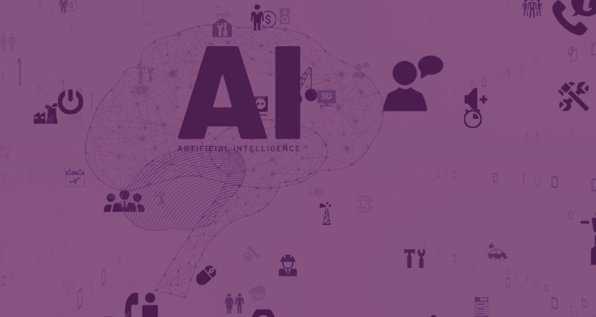 Purple AI graphic with technology icons.