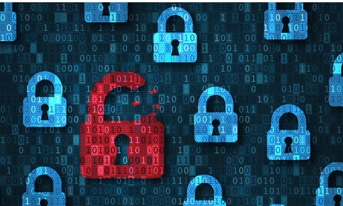 Red unlocked padlock among blue locked padlocks.