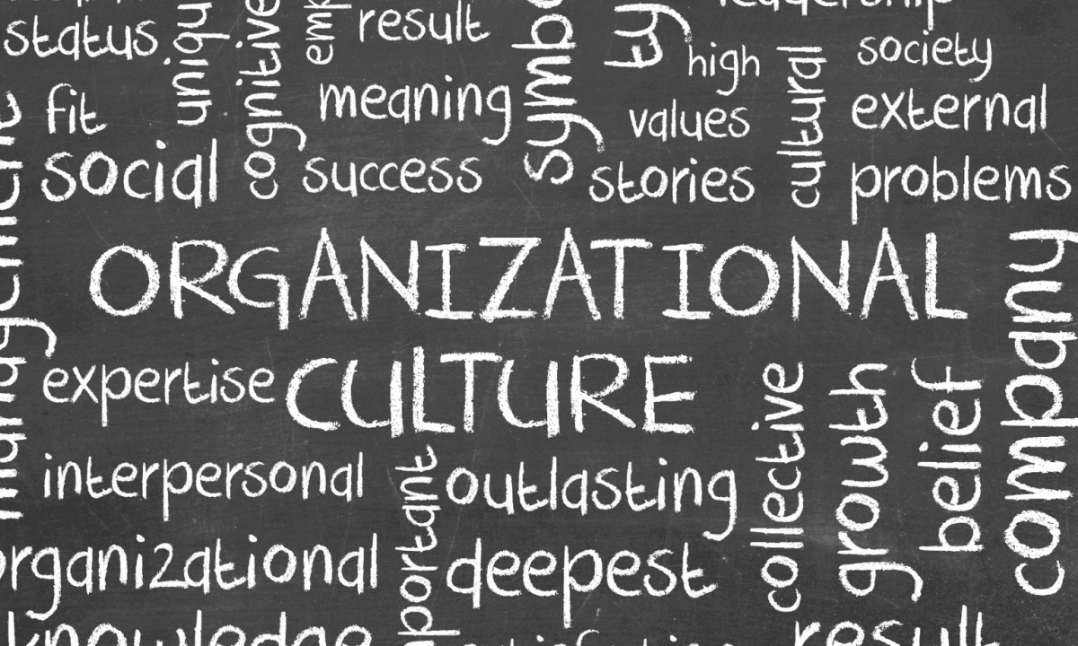 Organizational culture words on a chalkboard.