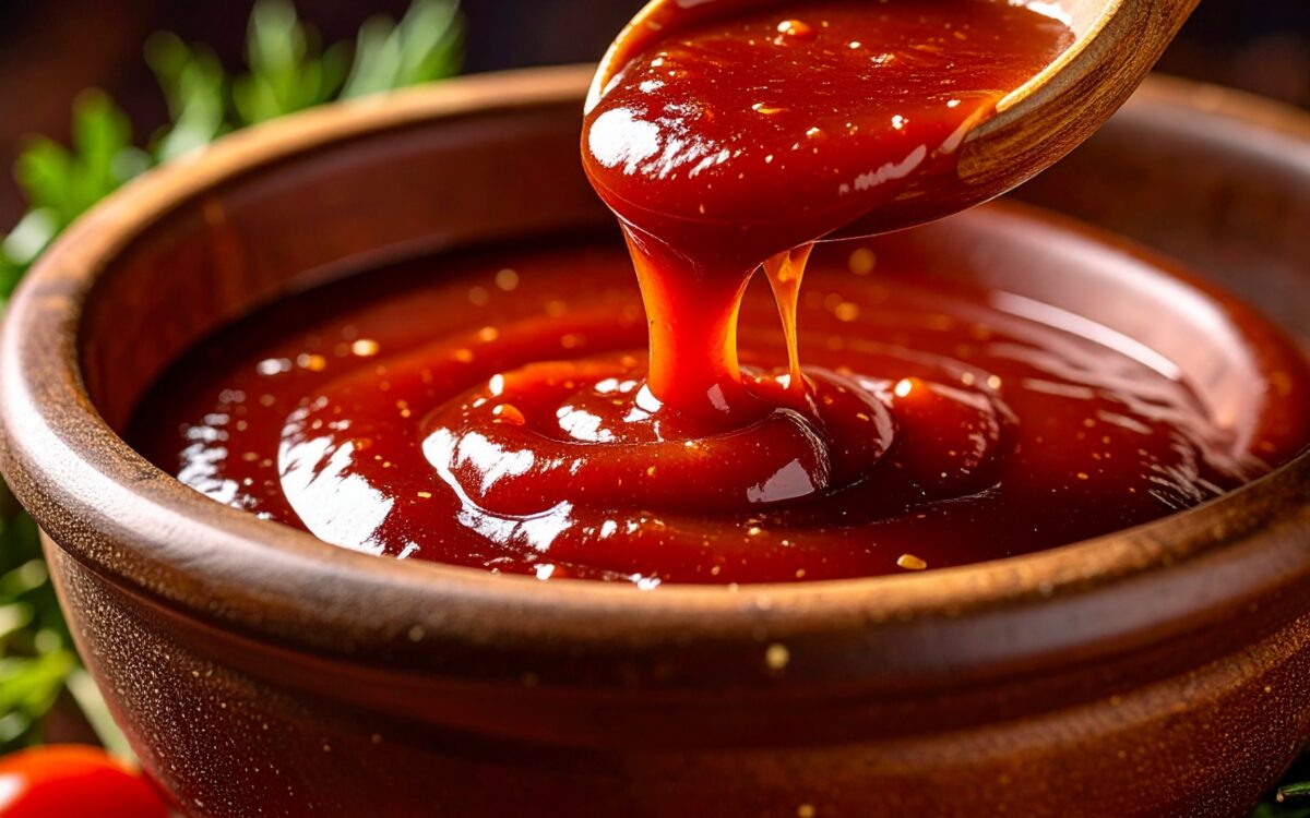 Wooden bowl with rich tomato ketchup.